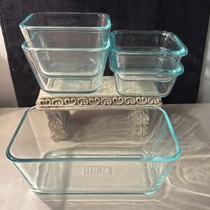 5 Vintage blue tinted Pyrex glass baking dishes.